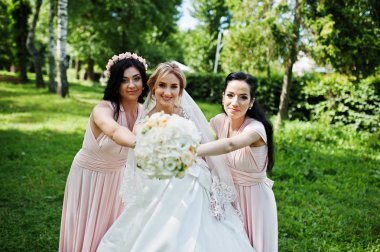 Gelin park pembe d üzerinde iki şirin esmer nedime ile poz verdi