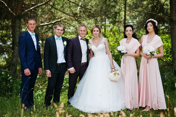 Modische Hochzeitspaar mit Brautjungfern auf rosa Kleidern und — Stockfoto