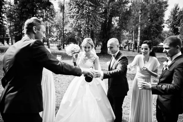 Boda pareja animando copas de champán con damas de honor y b —  Fotos de Stock