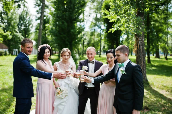 Boda pareja animando copas de champán con damas de honor y b — Foto de Stock