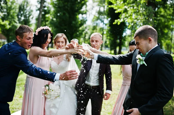 Wedding couple cheering champagne glasses with bridesmaids and b — Stock Photo, Image