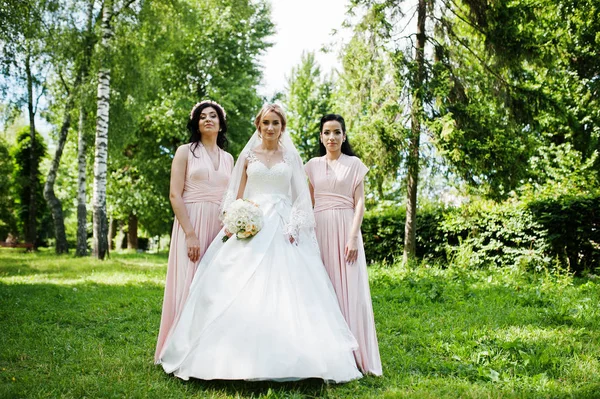 Noiva posou no parque com duas damas de honra morenas bonitos em rosa d — Fotografia de Stock