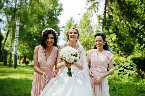 Gelin park pembe d üzerinde iki şirin esmer nedime ile poz verdi