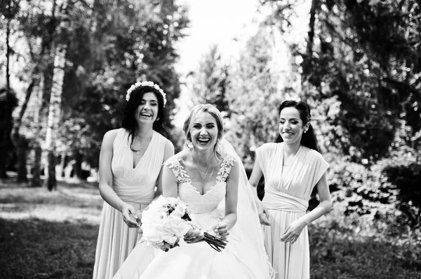 Noiva posou no parque com duas damas de honra morenas bonitos em rosa d — Fotografia de Stock
