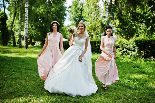 Novia posó en el parque con dos lindas damas de honor morenas en rosa d —  Fotos de Stock