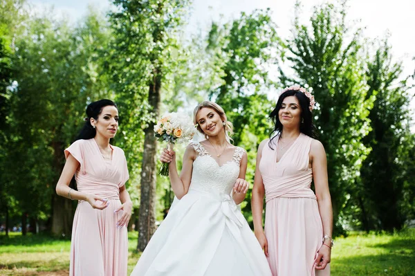 Noiva posou no parque com duas damas de honra morenas bonitos em rosa d — Fotografia de Stock