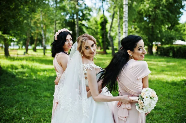 Наречена позує в парку з двома милими брюнетками подружок нареченої на рожевому д — стокове фото