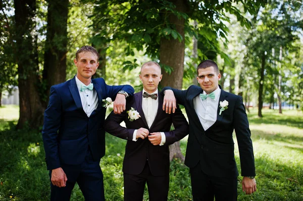 Bräutigam mit Trauzeugen bei Hochzeit im Park. — Stockfoto