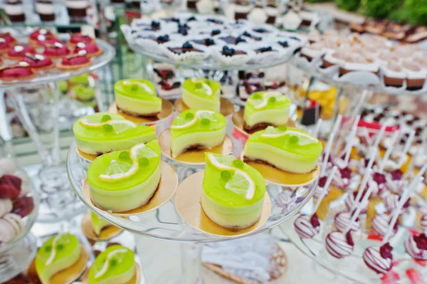 Wedding catering table with different sweets and cakes.