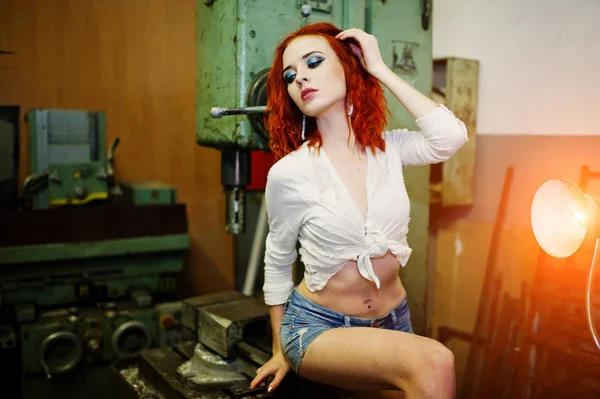 Red haired girl wear on short denim shorts and white blouse pose — Stock Photo, Image