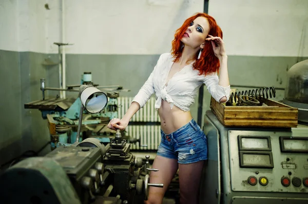 Red haired girl wear on short denim shorts and white blouse pose — Stock Photo, Image