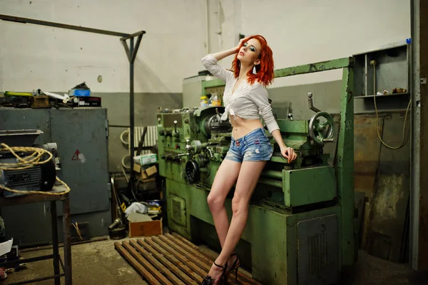 Red haired girl wear on short denim shorts and white blouse pose — Stock Photo, Image