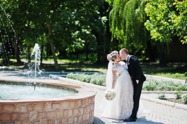 Şık ve çok güzel düğün çifti fountai açık yürüyüş