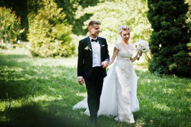 Şık ve çok güzel düğün çifti Parkı'nda s açık yürüyüş