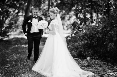 Şık ve çok güzel düğün çifti Parkı'nda s açık yürüyüş