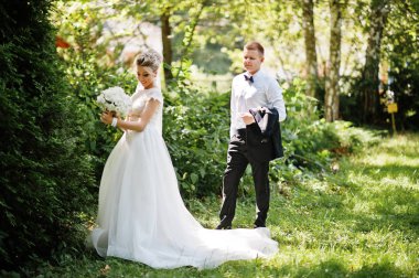 Şık ve çok güzel düğün çifti Parkı'nda s açık yürüyüş