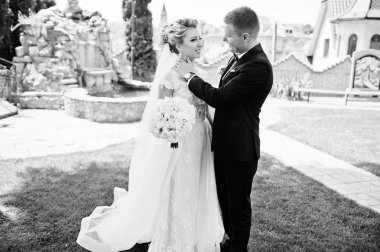 Şık Düğün çifti aşık yeşil çimenlerin üzerinde yürüyüş.