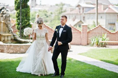 Şık Düğün çifti aşık yeşil çimenlerin üzerinde yürüyüş.