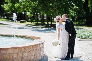 Şık ve çok güzel düğün çifti fountai açık yürüyüş