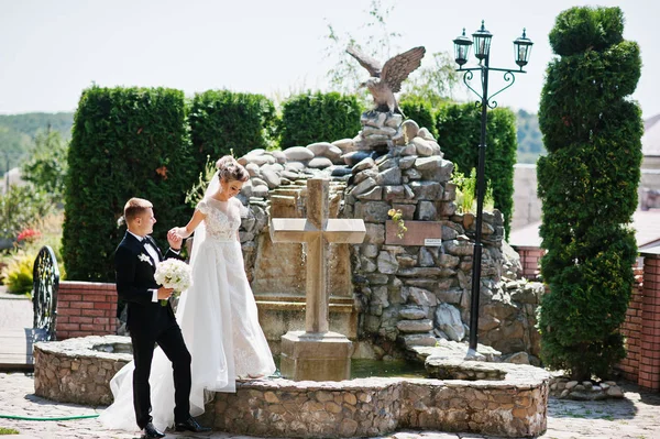 Élégant couple de mariage près de la croix avec fontaine . — Photo