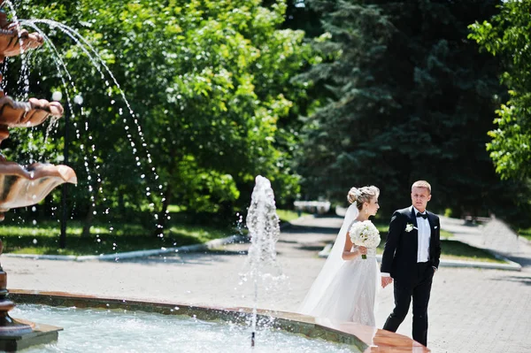 Stilvolles und wunderschönes Hochzeitspaar zu Fuß im Freien in der Nähe des Brunnens — Stockfoto