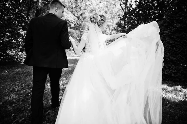 Casal de casamento elegante e lindo andando ao ar livre no parque em s — Fotografia de Stock