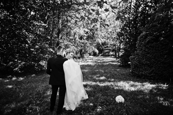 Casal de casamento elegante e lindo andando ao ar livre no parque em s — Fotografia de Stock