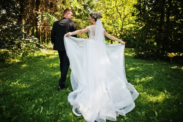 Casal de casamento elegante e lindo andando ao ar livre no parque em s — Fotografia de Stock