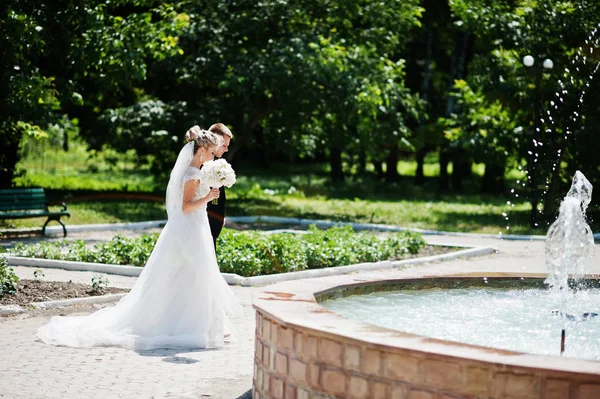 スタイリッシュで豪華な結婚式のカップルが歩く様子に近い屋外 — ストック写真