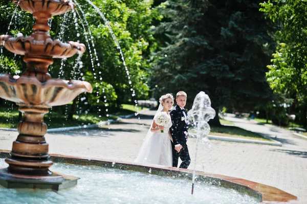 세련 되 고 화려한 결혼식 한 쌍 fountai 근처 야외 산책 — 스톡 사진