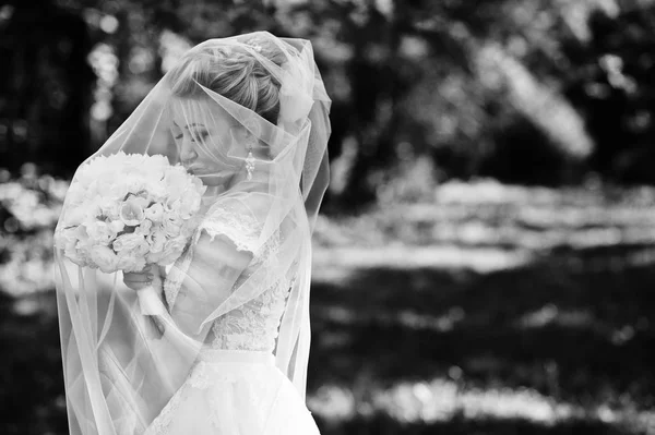 Дивовижна розкішна блондинка наречена під вуаллю з весільним букетом на — стокове фото