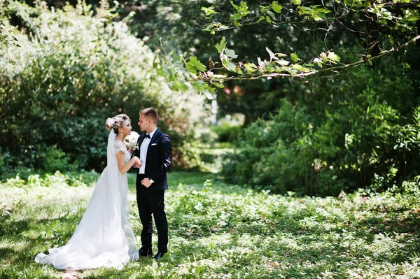 Elegante e splendida coppia di nozze a piedi all'aperto al parco su s — Foto Stock