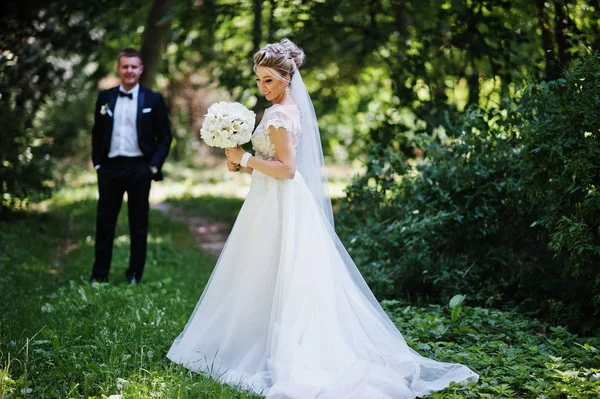 Elegante e splendida coppia di nozze a piedi all'aperto al parco su s — Foto Stock