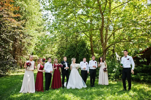 Casal de casamento elegante com damas de honra e melhor homem bebendo — Fotografia de Stock