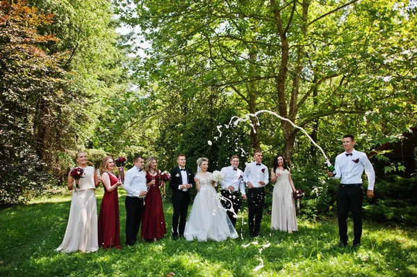 Casal de casamento elegante com damas de honra e melhor homem bebendo — Fotografia de Stock