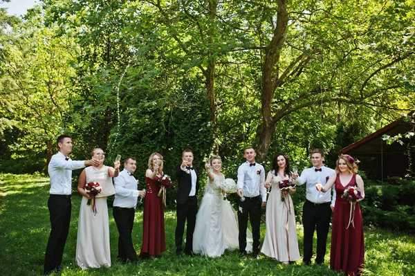 Casal de casamento elegante com damas de honra e melhor homem bebendo — Fotografia de Stock