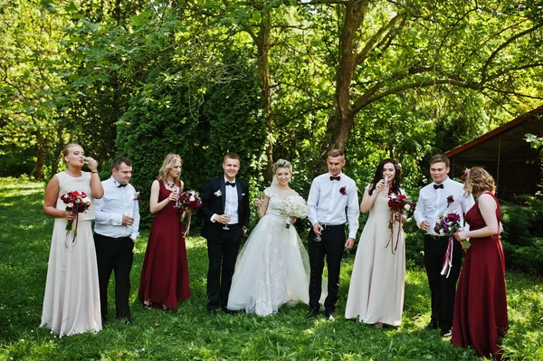 Елегантна весільна пара з подружками нареченої і кращий чоловік п'є — стокове фото