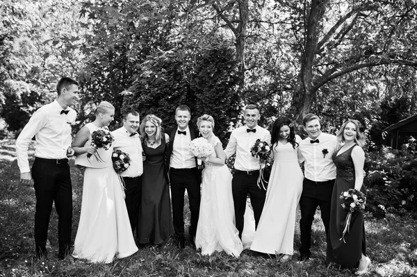 Casal de casamento elegante com damas de honra e melhor homem ter fu — Fotografia de Stock