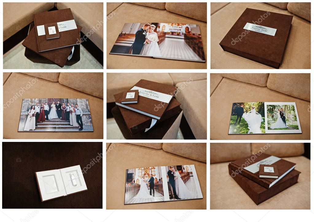 Brown textile wedding book with flash box.