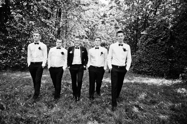 Модный грум с четырьмя лучшими мужчинами в галстуках под открытым небом . — стоковое фото