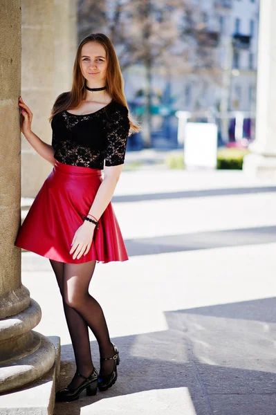 Young chubby teenage girl wear on red dress and jeans jacket posed against  school backyard Stock Photo - Alamy