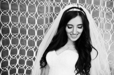 Gülümseyen güzel esmer gelin gelinlik pencerede yakınındaki