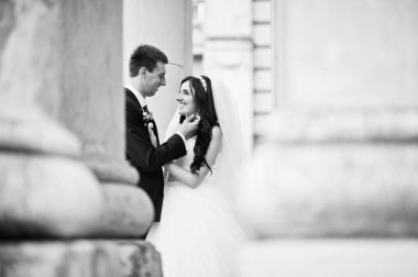 Evlilik çift aşık eski vintage Sarayı karşı dur.