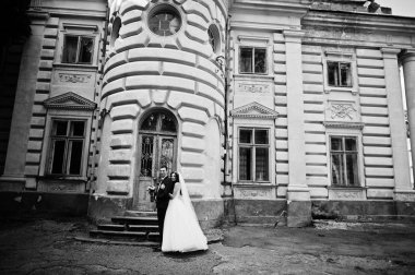 Evlilik çift aşık eski vintage Sarayı karşı dur.