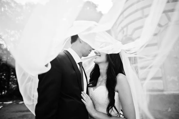 Wedding couple in love stay against old vintage palace. — Stock Photo, Image