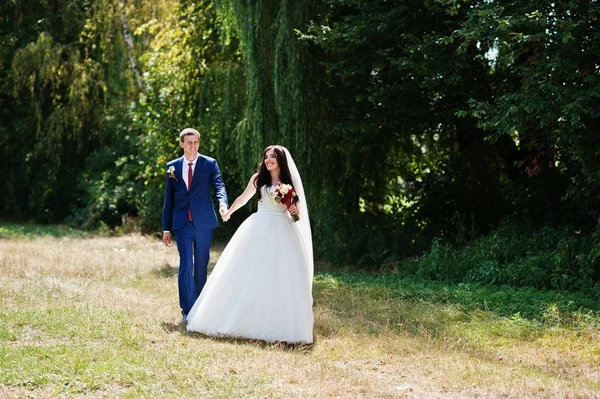 愛は晴れた日の公園でのハグで結婚式のカップル. — ストック写真