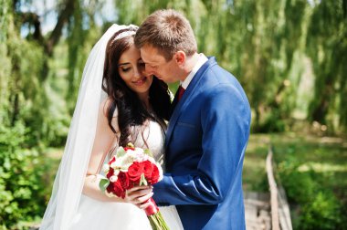 Sevgi Parkı'nda güneşli gün sarılma da düğün Çift.