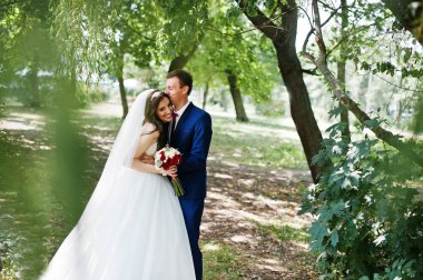 Sevgi Parkı'nda güneşli gün sarılma da düğün Çift.