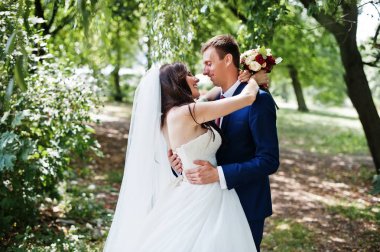 Sevgi Parkı'nda güneşli gün sarılma da düğün Çift.