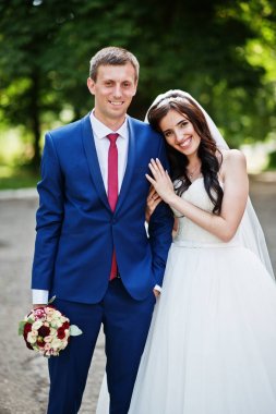 Sevgi Parkı'nda güneşli gün sarılma da düğün Çift.